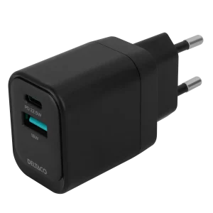 USB wall charger, 1x USB-A 18 W, 1x USB-C PD 20 W, black