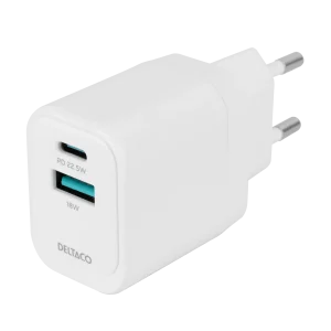 USB wall charger, 1x USB-A 18 W, 1x USB-C PD 20 W, white