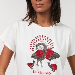 Lollys Laundry T-paita RomaLL Peacock – Valkoinen luomupuuvilla