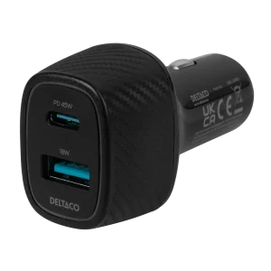 USB car charger, 1x USB-A 18 W, 1x USB-C PD 45 W, total 63 W