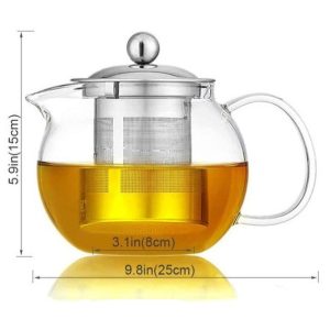 Lasinen ja ruostumattomasta teräksestä valmistettu teekannu 650ml-1.3L